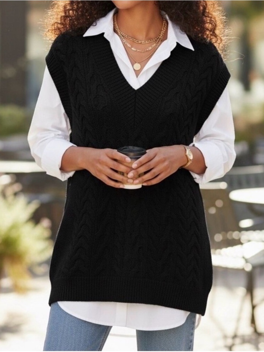 Vince Black Cable-Knit V-Neck Sweater Vest